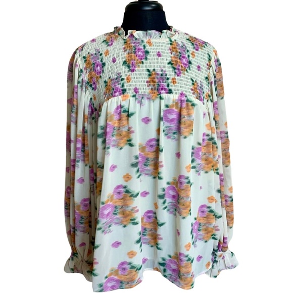 entro Tops - ENTRO Floral Blouse Large Cream Lavender Orange Smocked Semi-Sheer Boho